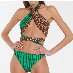 Green and Leopard Print Wrap Bikini